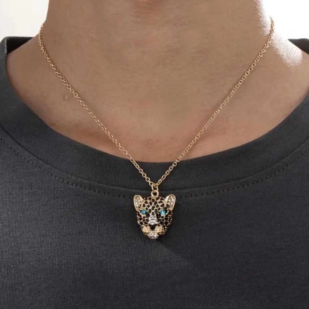 Gold Leopard Head Rhinestone Necklace - Picture 3 of 8